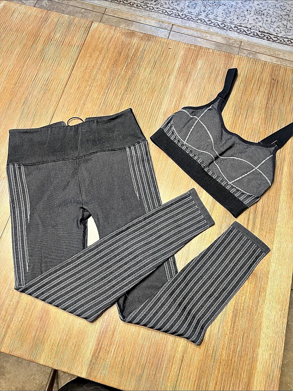 Fabletics Kelly Rowland Black Striped Athletic Leggings and Sports Bra Set
